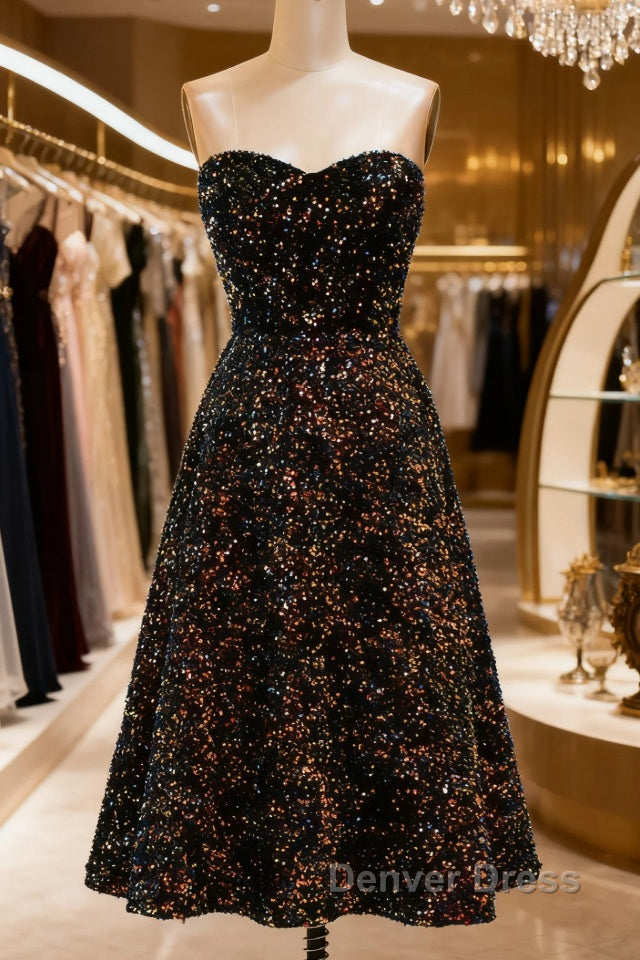 Black A Line Tea Length Strapless Glitter Sequin Prom Dresses Main image