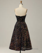 Black A Line Tea Length Strapless Glitter Sequin Prom Dresses