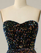 Black A-Line Tea Length Strapless Glitter Sequin Party Dresses
