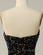 Black A Line Tea Length Strapless Glitter Sequin Prom Dresses
