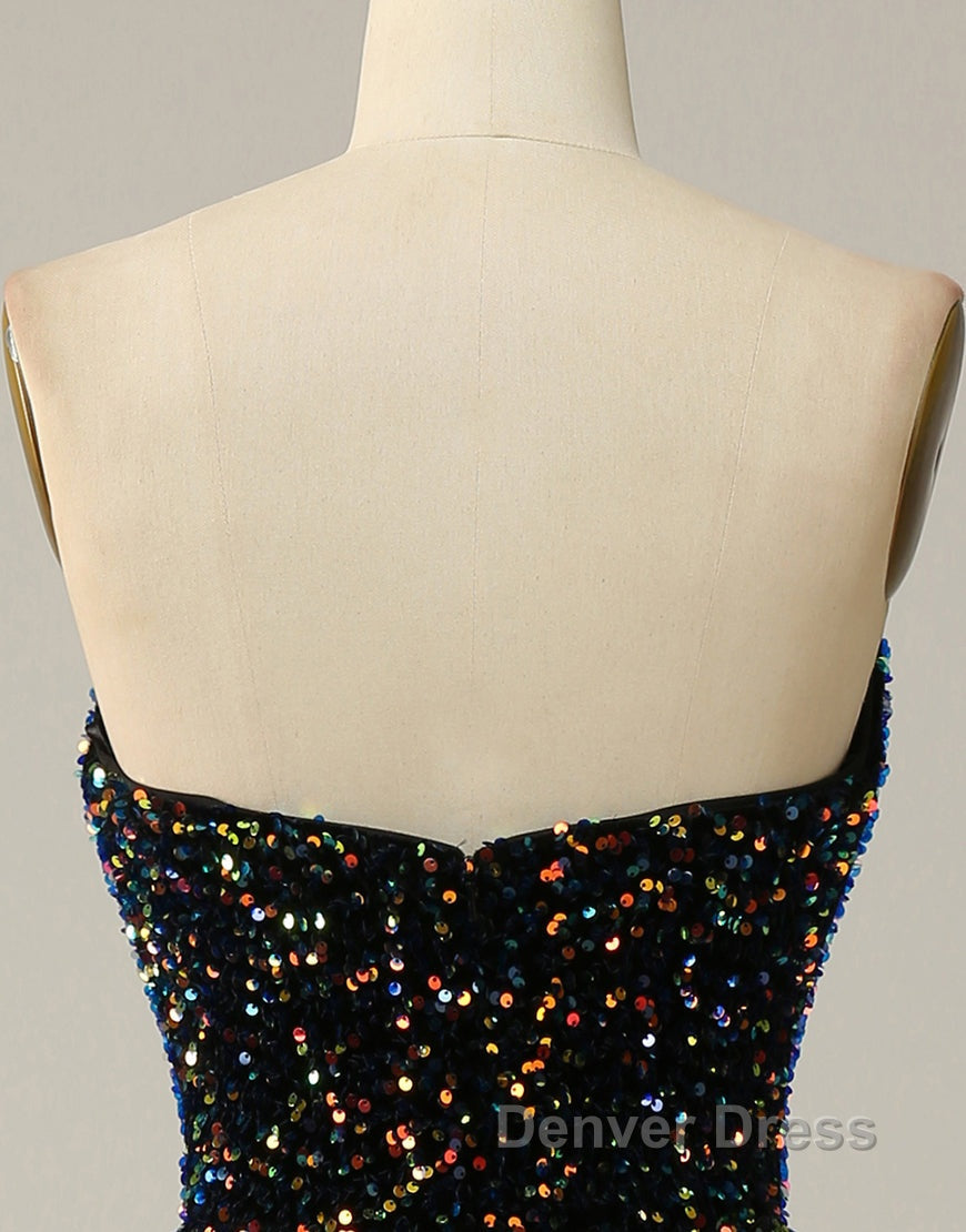 Black A Line Tea Length Strapless Glitter Sequin Prom Dresses