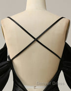 Black Off The Shoulder Criss-Cross Back Long Satin Prom Dresses