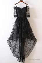 Black Short Sleeve High Low Homecoming Dress, Lace Appliques Sweetheart Prom Dresses