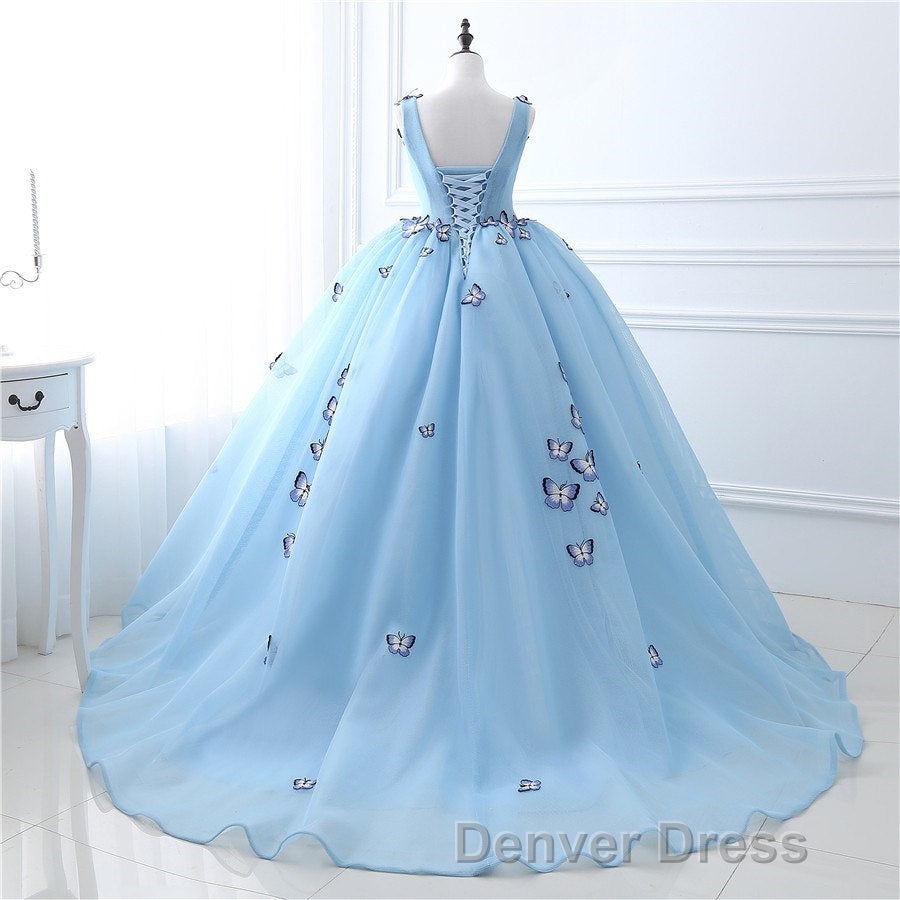 Blue Butterfly Flowers Lace Up Ball Gown Long Prom Dresses Secondary image