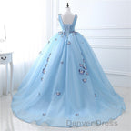 Blue Butterfly Flowers Lace Up Ball Gown Long Prom Dresses