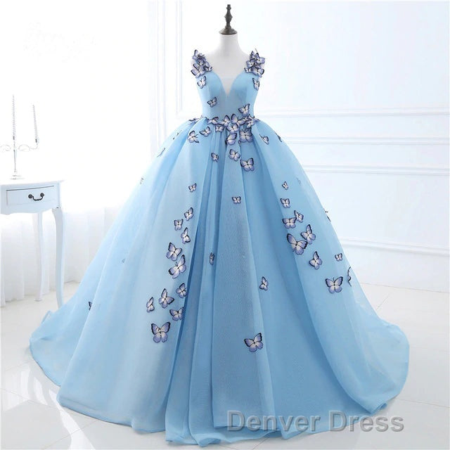 Blue Butterfly Flowers Lace Up Ball Gown Long Prom Dresses