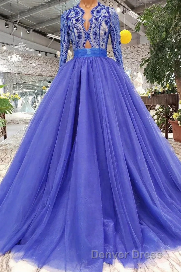 Blue Long Sleeves V Neck Tulle Prom Dresses with Beading Main image