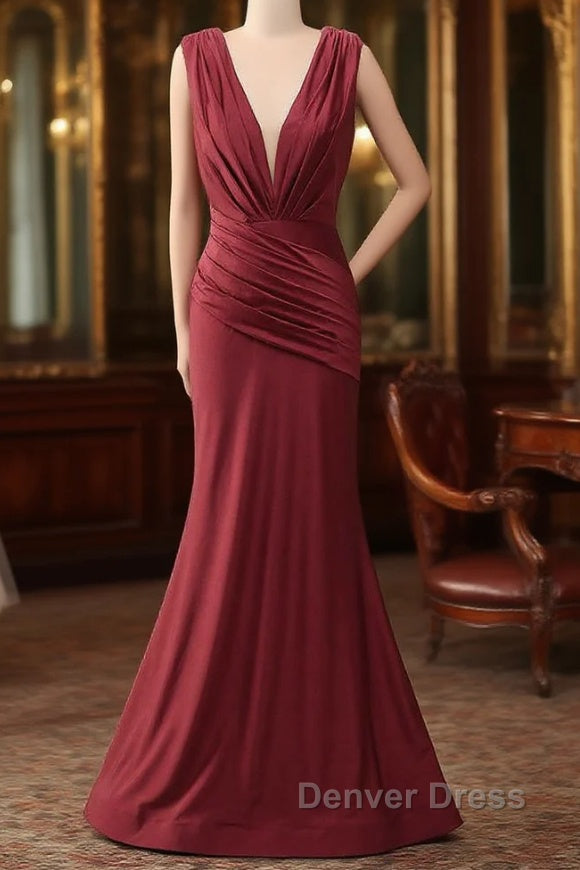 Burgundy Mermaid V-Neck Long Glitter Prom Dresses With Pleating Main image
