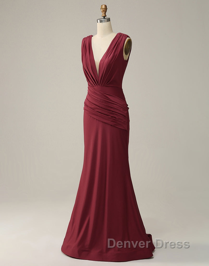 Burgundy Mermaid V-Neck Long Glitter Prom Dresses With Pleating Secondary image