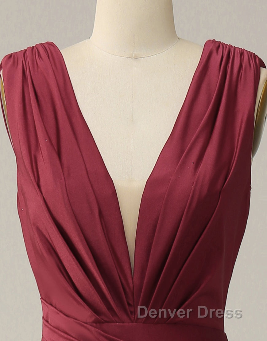 Burgundy Mermaid V-Neck Long Glitter Prom Dresses With Pleating