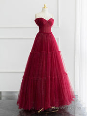 A-line Sweetheart Neck Tulle Burgundy Long Prom Dress, Off Shoulder Burgundy Formal Dress