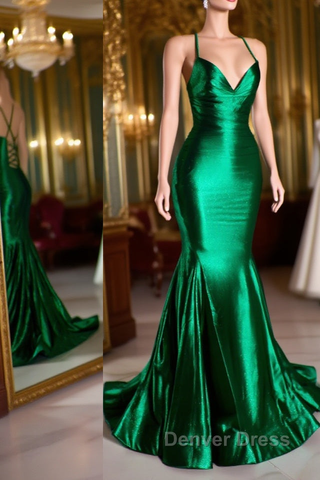 Satin Trumpet V-Neck Spaghetti Straps Prom Evening Dresses For Black Girls Main image