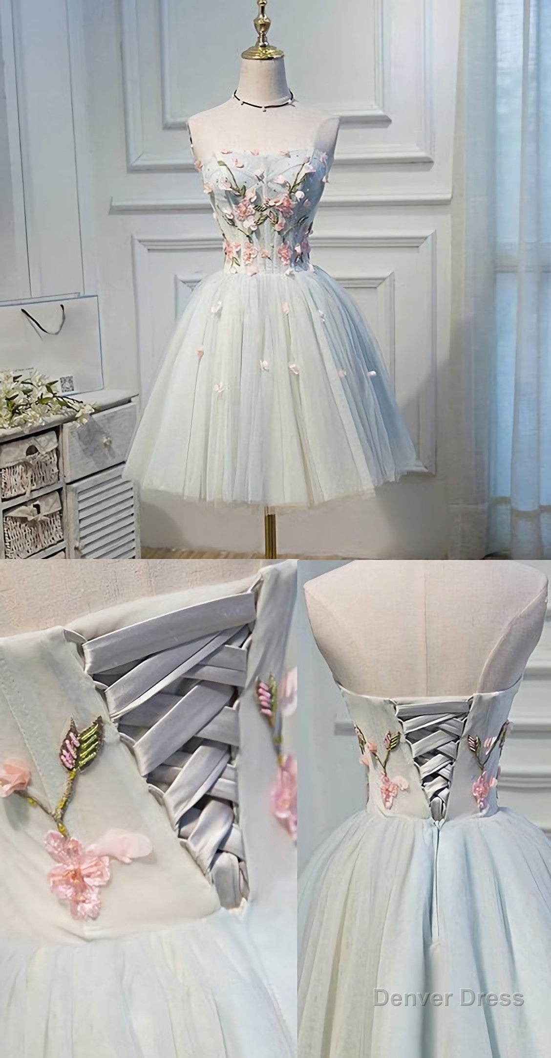 Short Grey Homecoming Prom Dress With Flower Lace Up Mini Fancy Homecoming Dresses, C0102 Main image