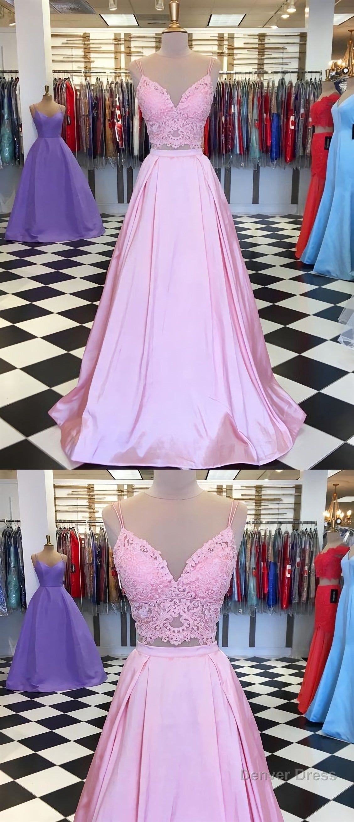 A Line V Neck 2 Pieces Pink Lace Prom Dresses, Pink 2 Pieces Lace Formal Graduation Evening Dresses, C0125 Main image
