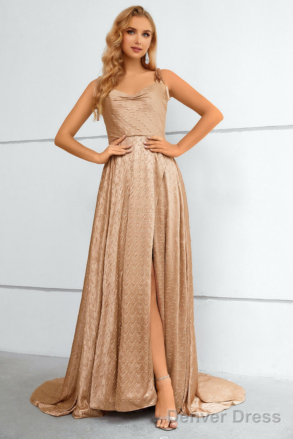 Khaki Spaghetti Straps Bowknot Prom Dresses With Slit