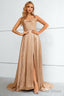 Khaki Spaghetti Straps Bowknot Prom Dresses With Slit