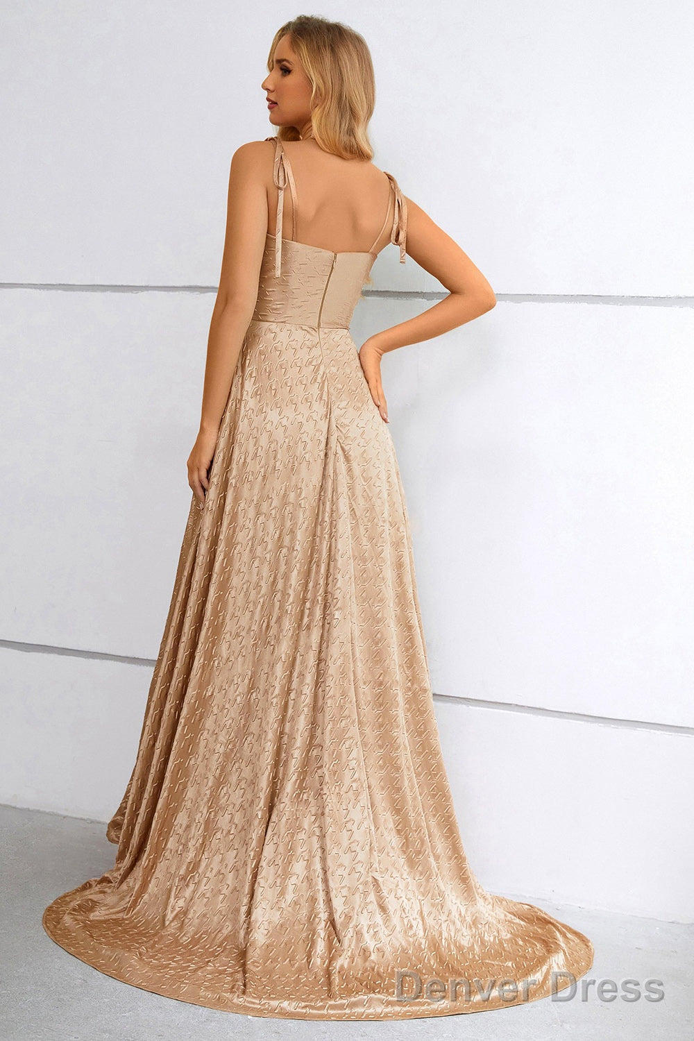 Khaki Spaghetti Straps Bowknot Prom Dresses With Slit