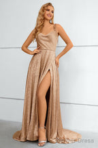 Khaki Spaghetti Straps Bowknot Prom Dresses With Slit