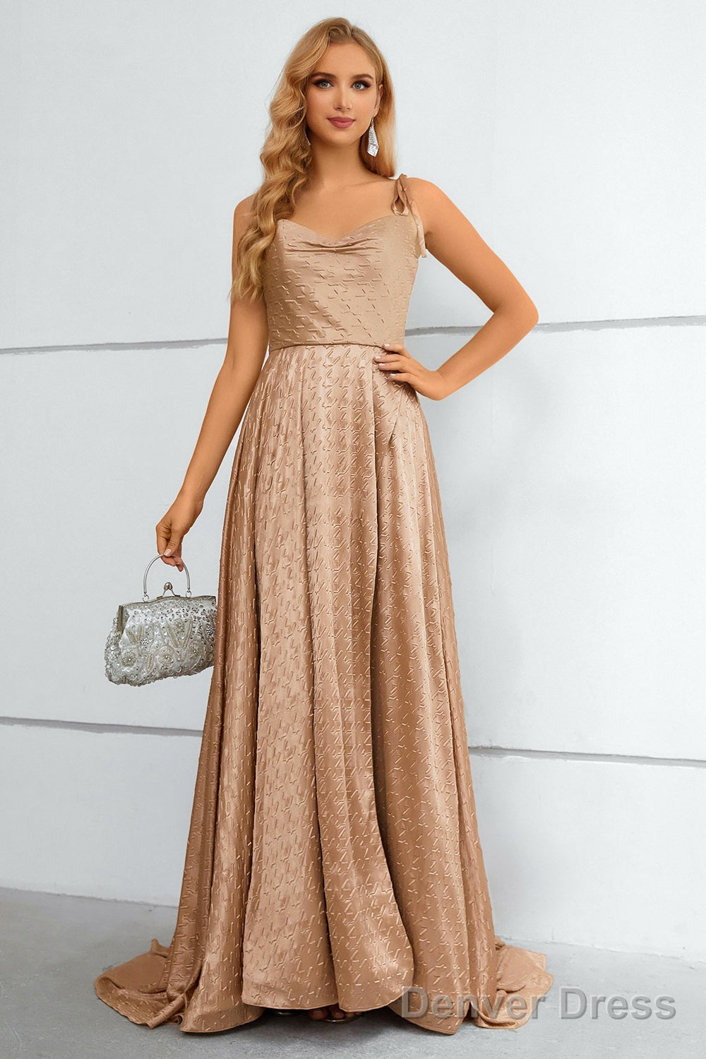 Khaki Spaghetti Straps Bowknot Prom Dresses With Slit