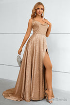 Khaki Spaghetti Straps Bowknot Prom Dresses With Slit
