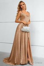 Khaki Spaghetti Straps Bowknot Prom Dresses With Slit