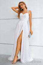 Khaki Spaghetti Straps Bowknot Prom Dresses With Slit