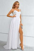 White Spaghetti Straps Bowknot Prom Dresses With Slit