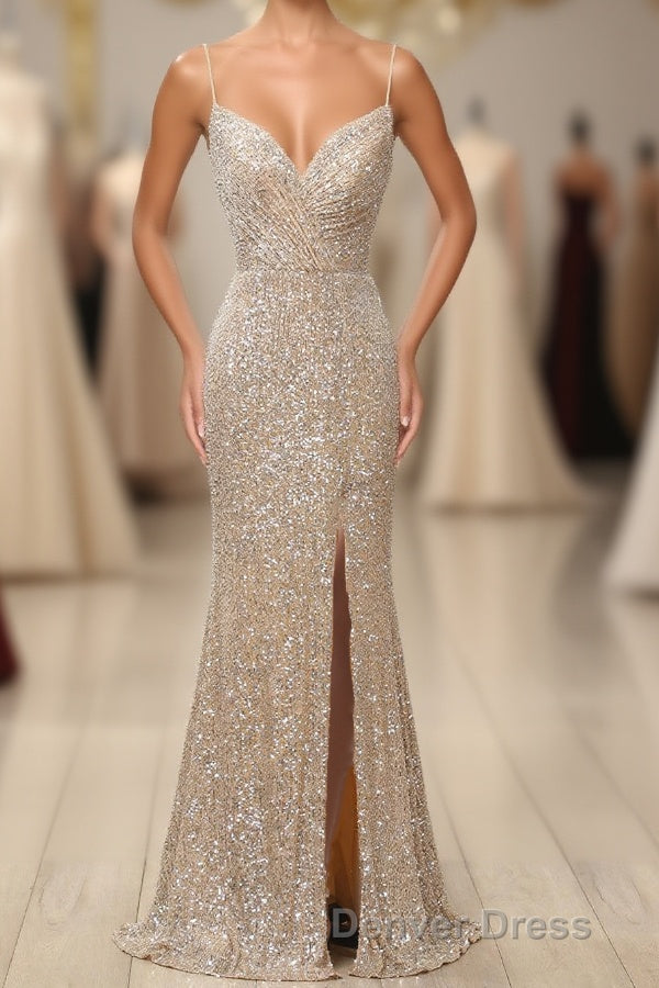 Silver Sequins Long Prom Dresses with Slit Main image