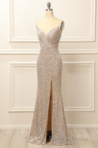 Silver Sequins Long Prom Dresses with Slit