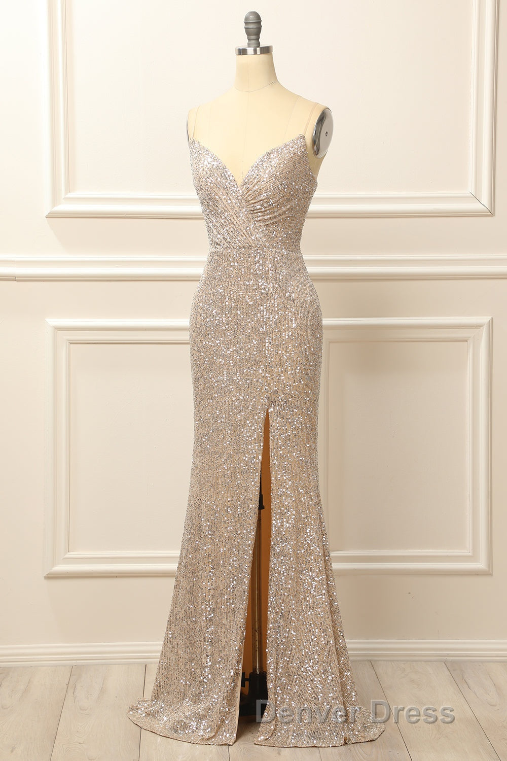 Silver Sequins Long Prom Dresses with Slit