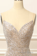 Silver Sequins Long Prom Dresses with Slit