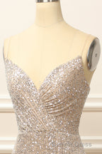 Silver Sequins Long Prom Dresses with Slit