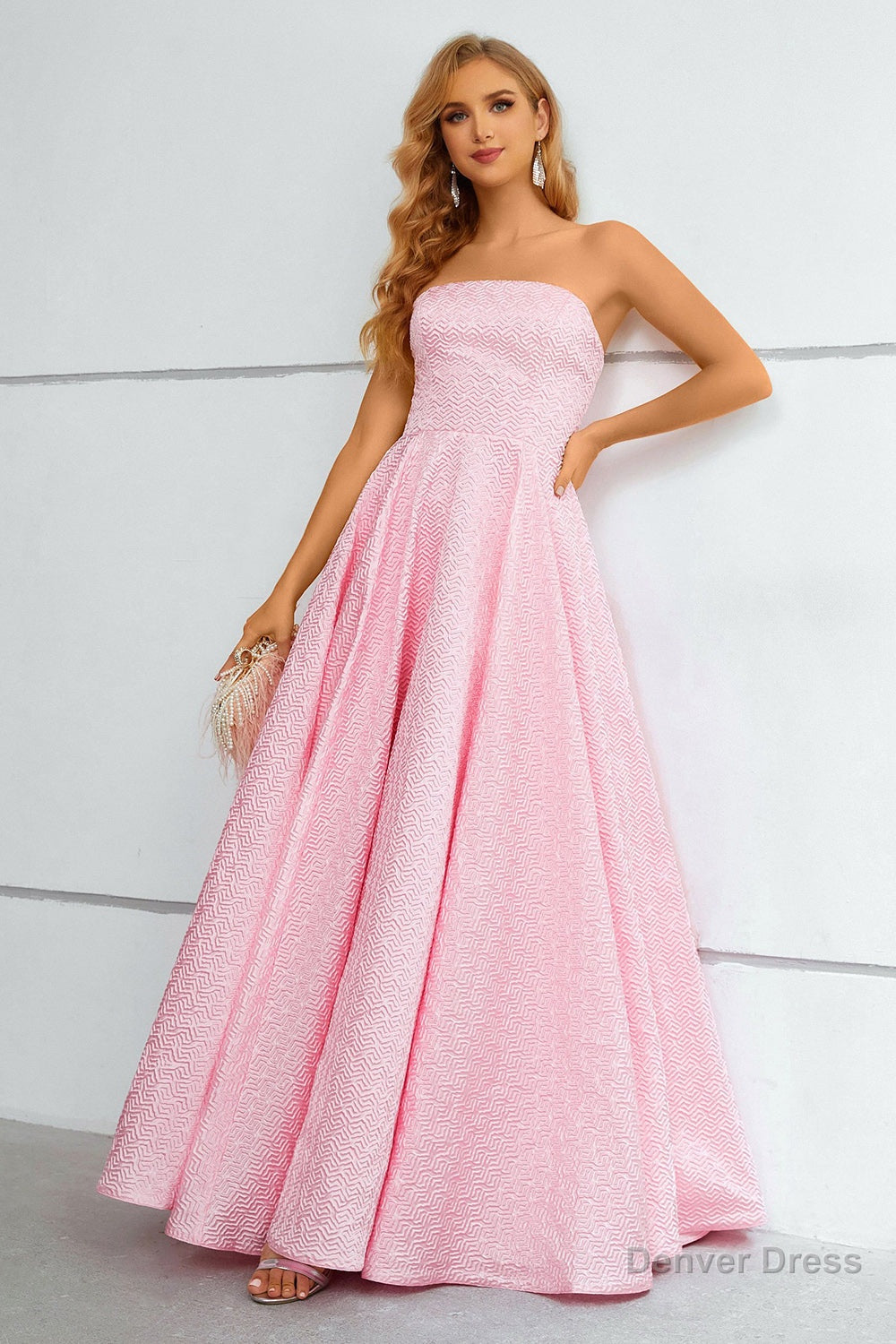 Pink Lace Up A-Line Strapless Prom Dress Main image