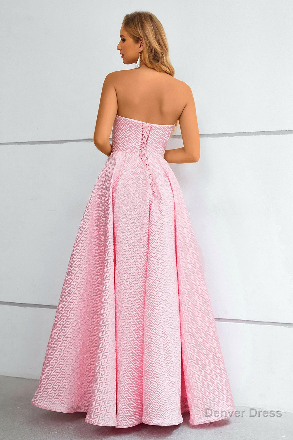 Pink Lace Up A Line Strapless Prom Dresses Secondary image