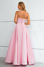 Pink Lace Up A Line Strapless Prom Dresses