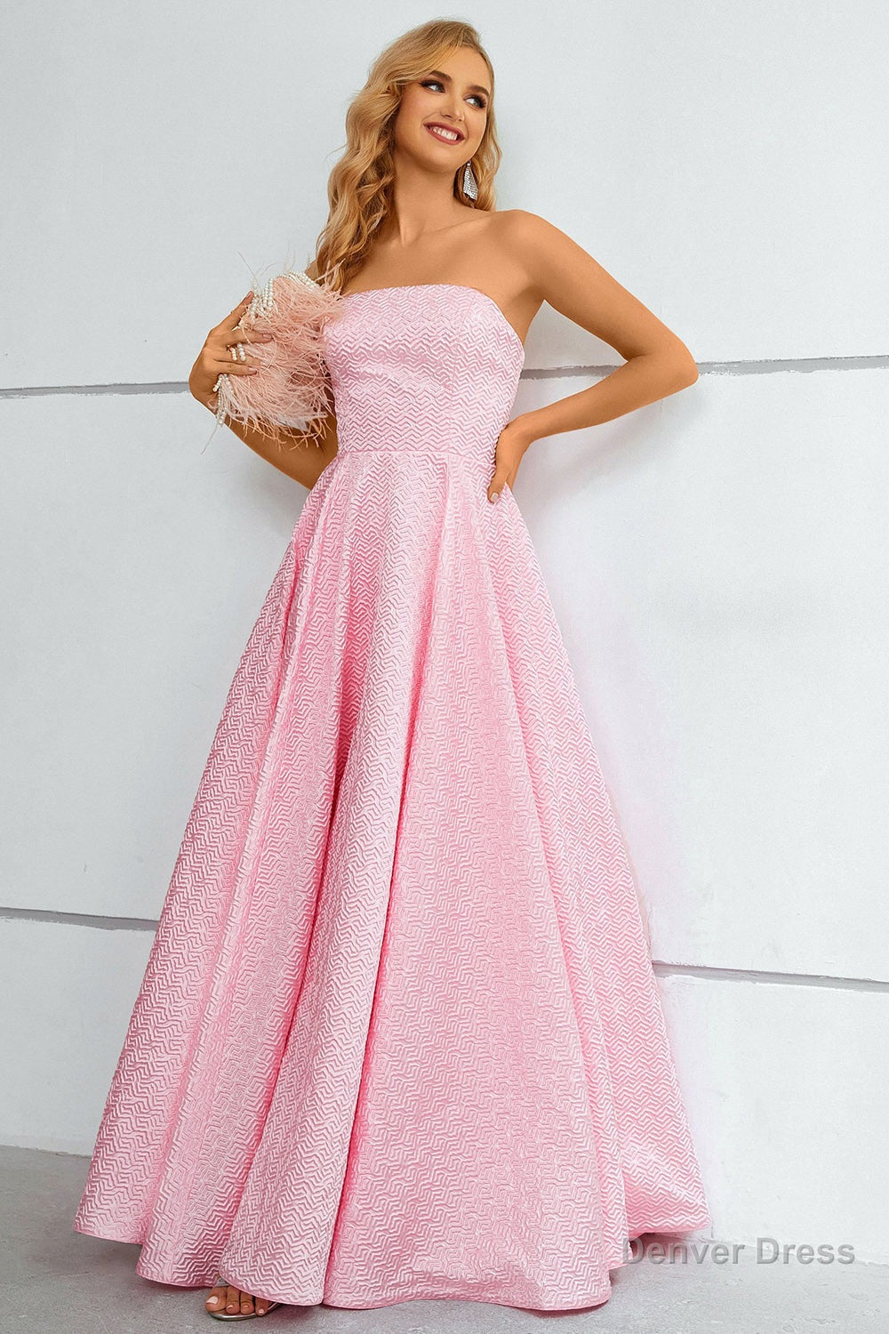 Pink Lace Up A Line Strapless Prom Dresses