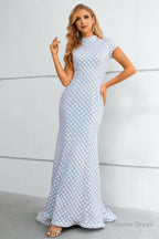 Light Blue Sequined High Neck Short Sleeves Mermaid Prom Dresses