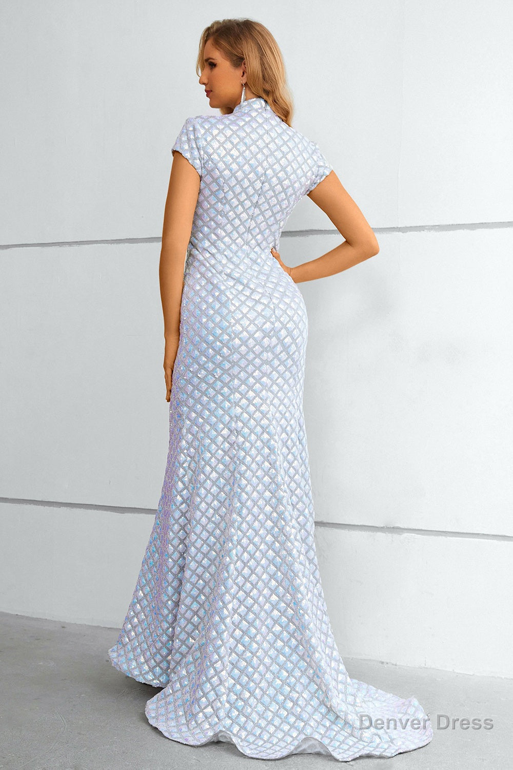 Light Blue Sequined High Neck Short Sleeves Mermaid Prom Dresses