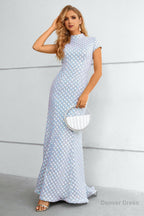 Light Blue Sequined High Neck Short Sleeves Mermaid Prom Dresses