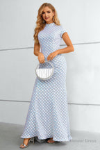 Light Blue Sequined High Neck Short Sleeves Mermaid Prom Dresses