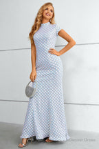 Light Blue Sequined High Neck Short Sleeves Mermaid Prom Dresses