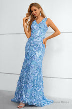 Blue V Neck Mermaid Prom Dresses With Flowers and Appliques