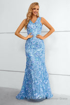 Blue V Neck Mermaid Prom Dresses With Flowers and Appliques