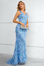 Blue V Neck Mermaid Prom Dresses With Flowers and Appliques