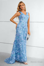 Blue V Neck Mermaid Prom Dresses With Flowers and Appliques