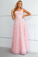 Pink A Line Lace Up Back Prom Dresses With 3D Flowers