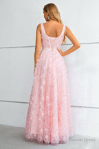 Pink A Line Lace Up Back Prom Dresses With 3D Flowers