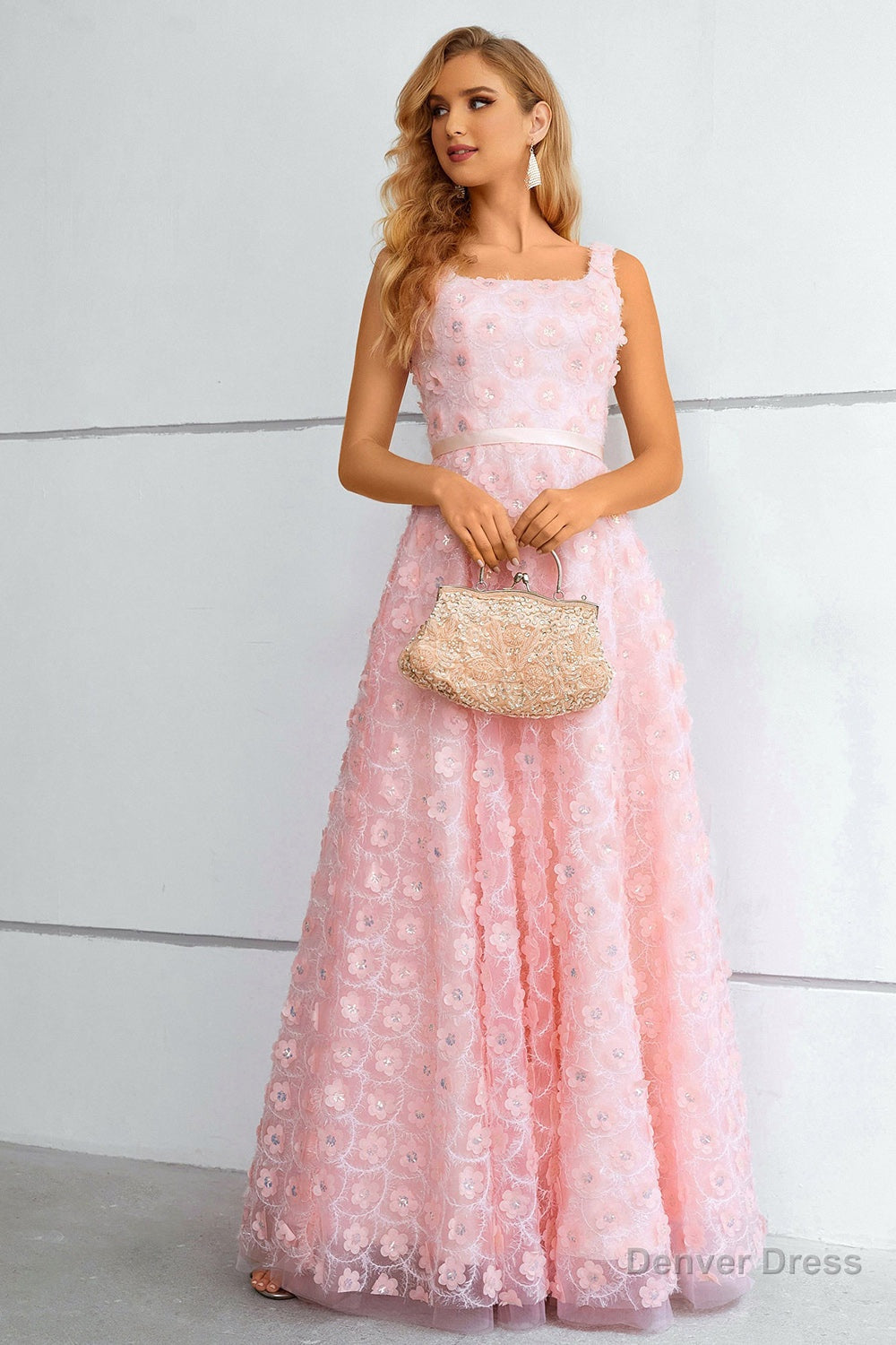 Pink A Line Lace Up Back Prom Dresses With 3D Flowers