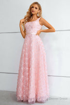 Pink A Line Lace Up Back Prom Dresses With 3D Flowers