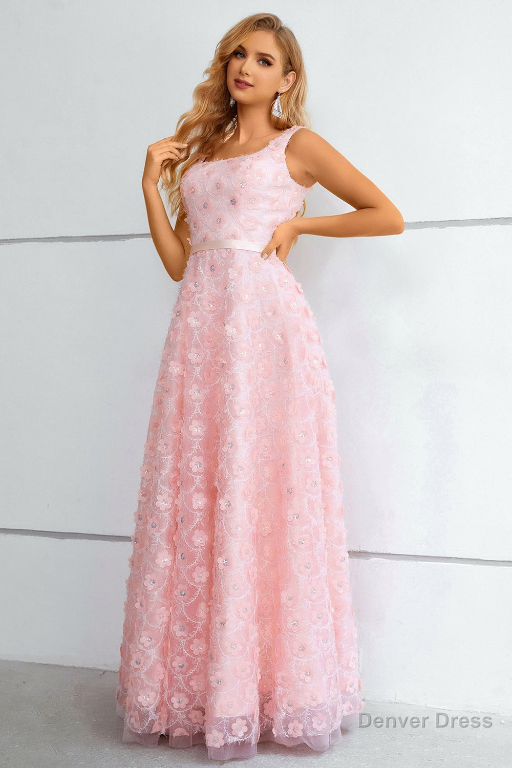 Pink A Line Lace Up Back Prom Dresses With 3D Flowers